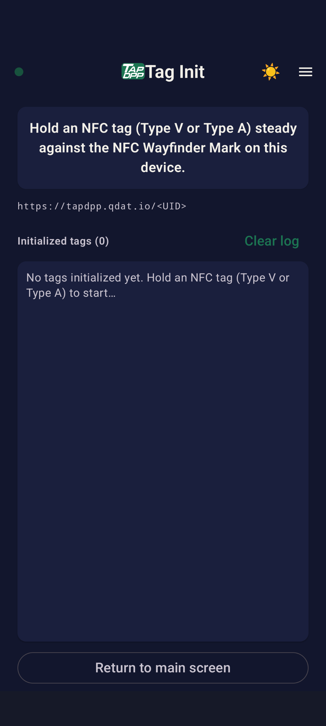 Tag Init — hold a Type V or Type A tag against the NFC Wayfinder Mark to write https://tapdpp.qdat.io/<UID>.