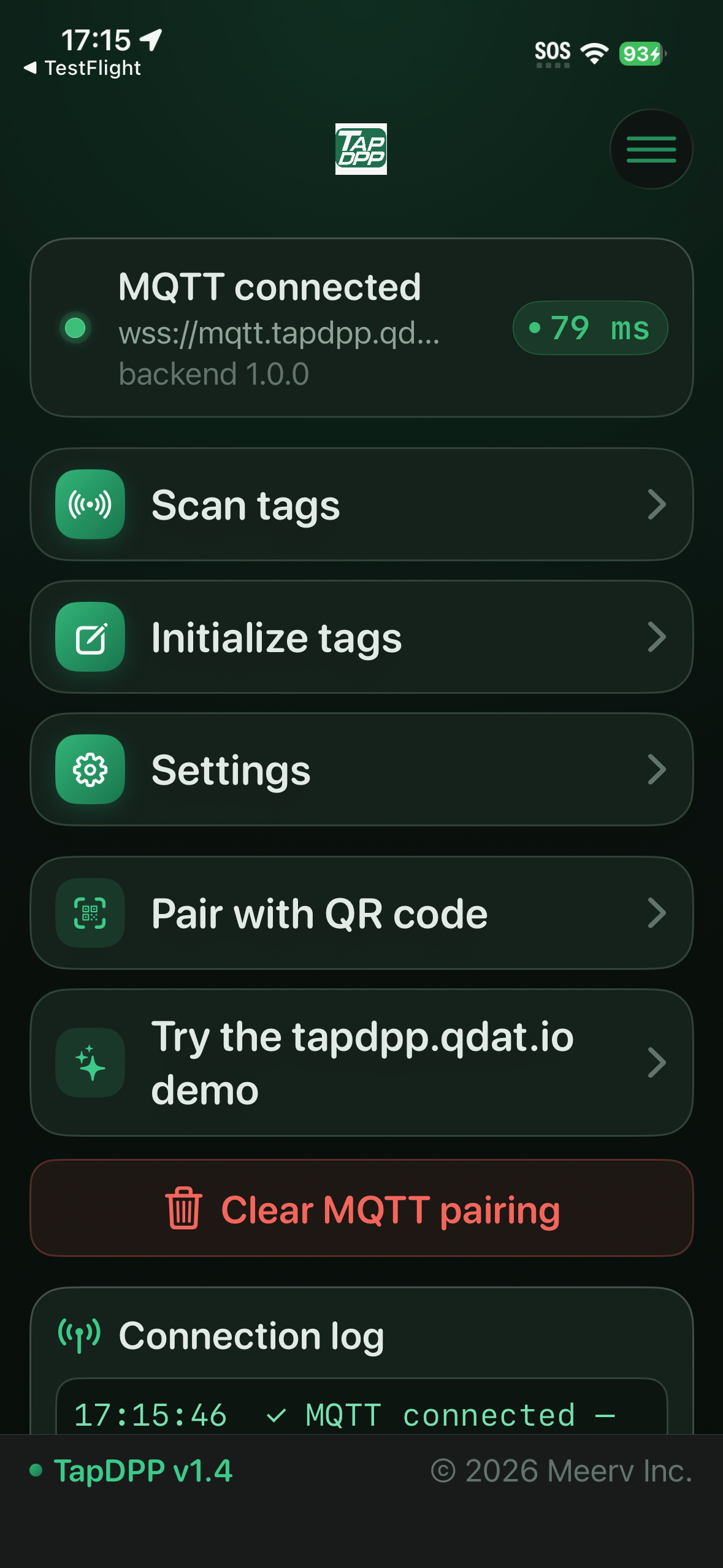 Home — connected to tapdpp.qdat.io, with Scan, Initialize, Settings, QR pairing, and the one-tap demo.