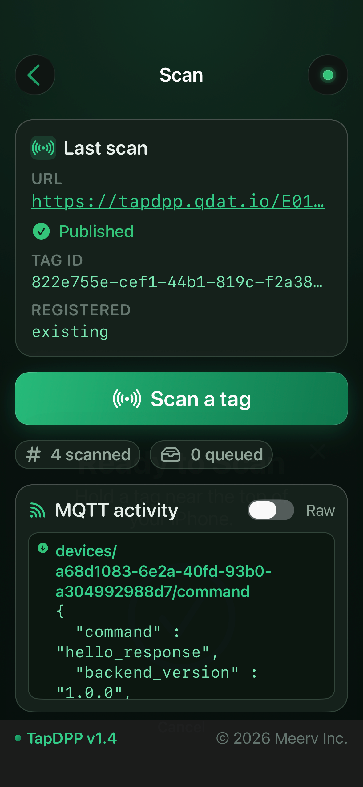 Last scan — the canonical https://tapdpp.qdat.io/<UID> URL written and Published, with the tag ID and registration state.